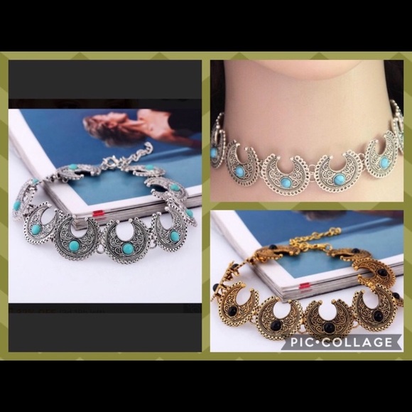 Crescent Moon, Gypsy Boho Choker Necklace NWT Silver & Turquoise, Gold & Black - Picture 6 of 7
